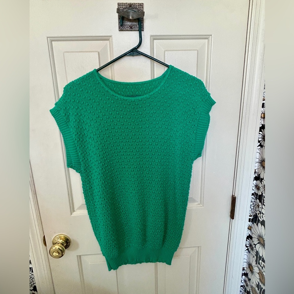 Vintage 80’s Kelly Green Knit Short Ribbed Sleeve Sweater Top Size Medium